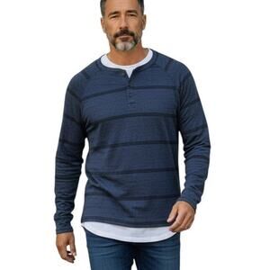 Adam Levine Men's Long Sleeve Henley Top, Blue with Black Stripes, Size S  New